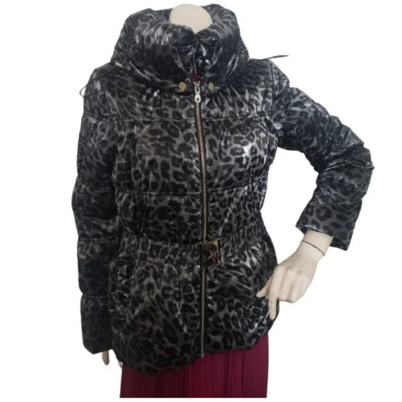 Shiny Animal Printed Gray/Black Belted  Puffy Jacket - Picture 3 of 12